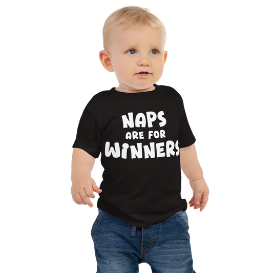 "Naps Are For Winners" printed on a black baby jersey short sleeve tee worn by a male