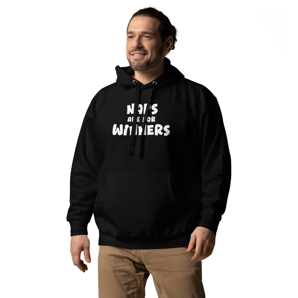 "Naps Are For Winners" printed on a black unisex hoodie worn by a male