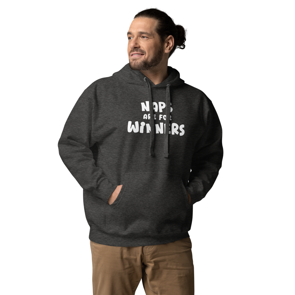 "Naps Are For Winners" printed on a charcoal heather unisex hoodie worn by a male