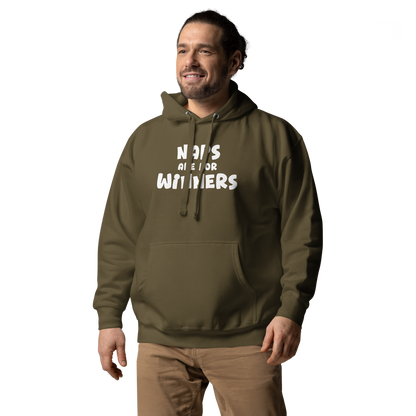 "Naps Are For Winners" printed on a military green unisex hoodie worn by a male