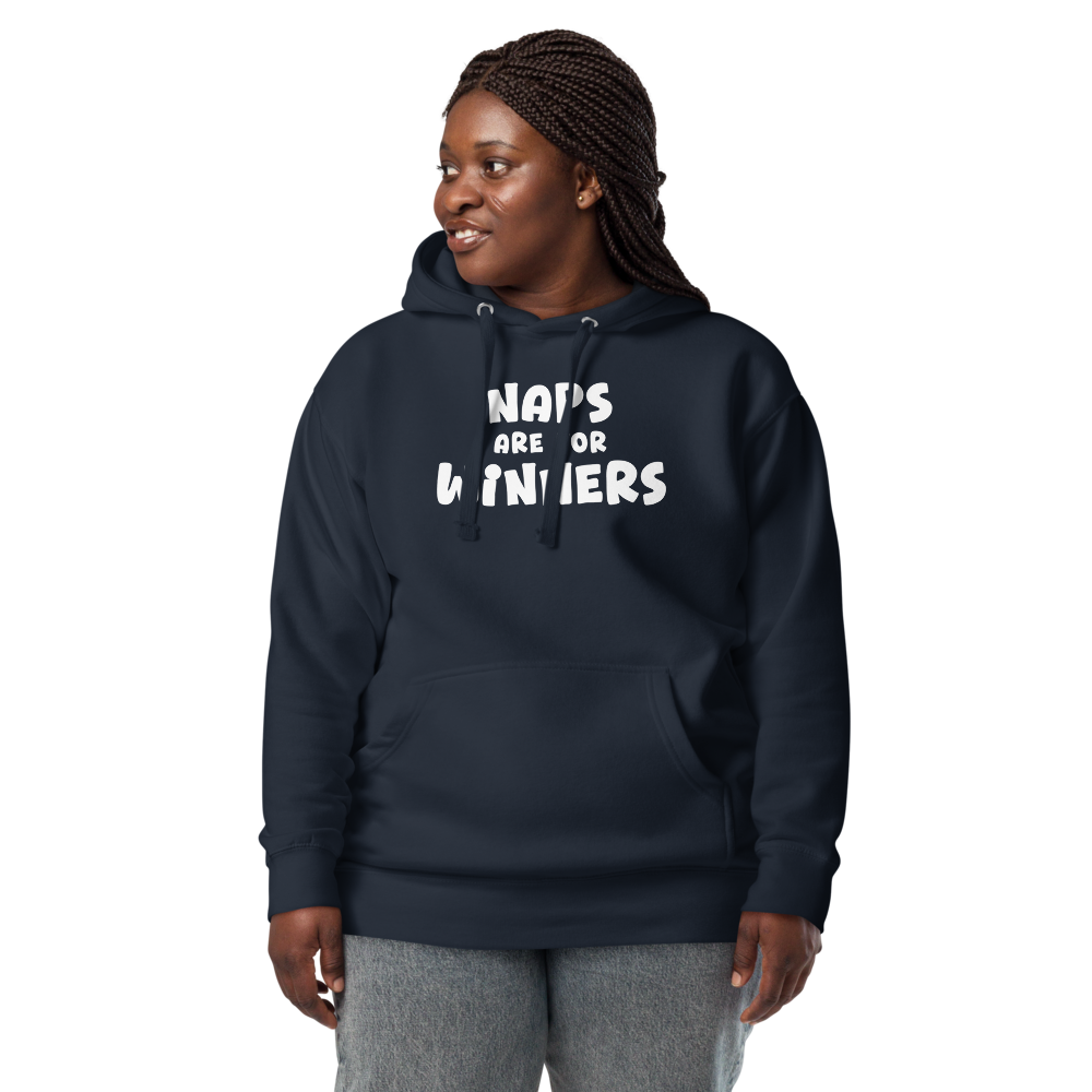 "Naps Are For Winners" printed on a navy blazer unisex hoodie worn by a female