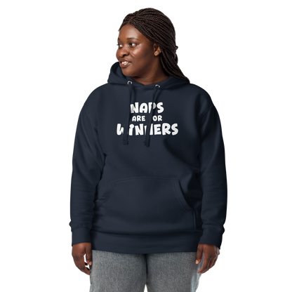 "Naps Are For Winners" printed on a navy blazer unisex hoodie worn by a female