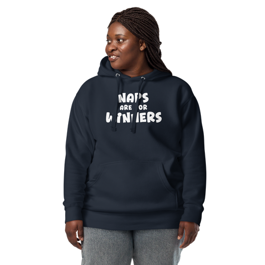 "Naps Are For Winners" printed on a navy blazer unisex hoodie worn by a female