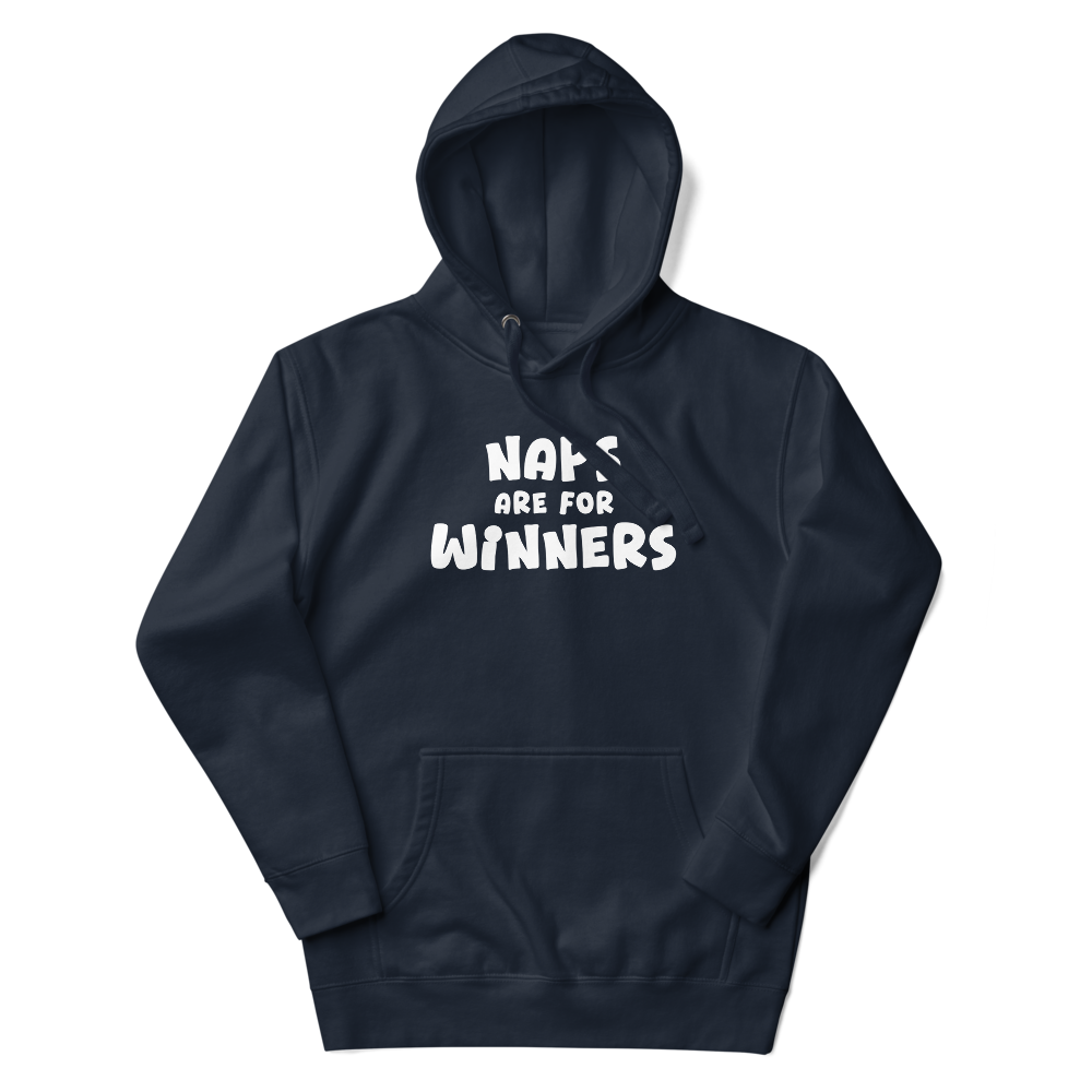 "Naps Are For Winners" printed on a navy blazer unisex hoodie laying on a flat surface with the hood up