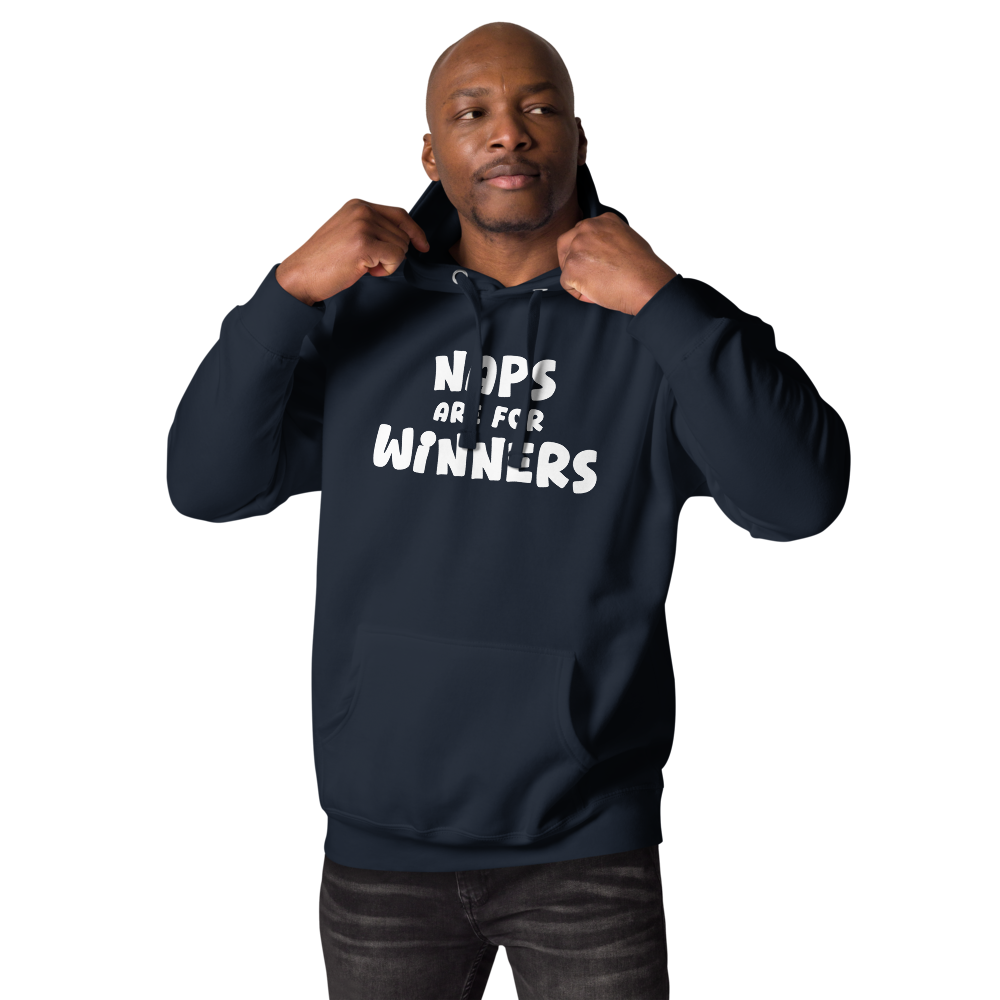 "Naps Are For Winners" printed on a navy blazer unisex hoodie worn by a male