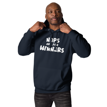 "Naps Are For Winners" printed on a navy blazer unisex hoodie worn by a male