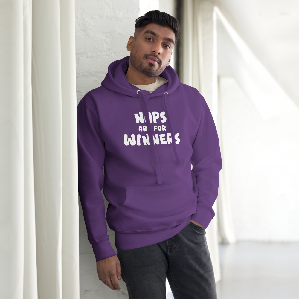 "Naps Are For Winners" printed on a purple unisex hoodie worn by a male