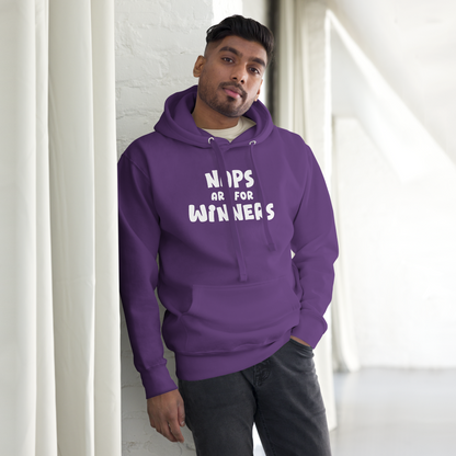 "Naps Are For Winners" printed on a purple unisex hoodie worn by a male