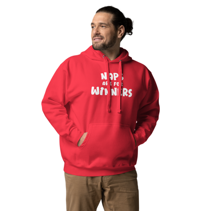 "Naps Are For Winners" printed on a team red unisex hoodie worn by a male