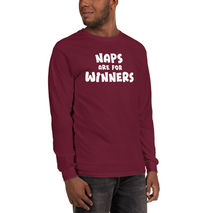 "Naps Are For Winners" printed on a maroon men's long sleeve shirt worn by a male