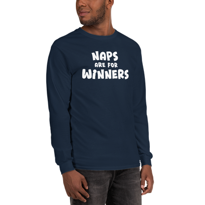 "Naps Are For Winners" printed on a navy men's long sleeve shirt worn by a male