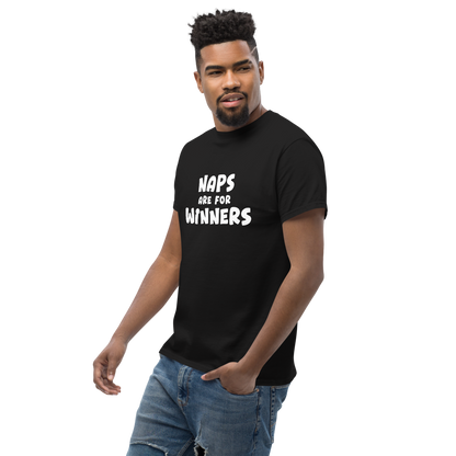 "Naps Are For Winners" printed on a black unisex classic tee worn by a male