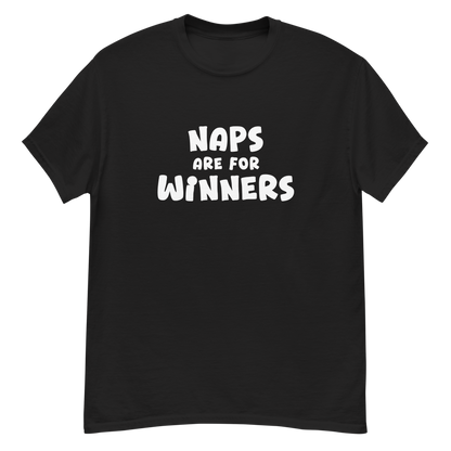 "Naps Are For Winners" printed on a black unisex classic tee laying on a flat surface