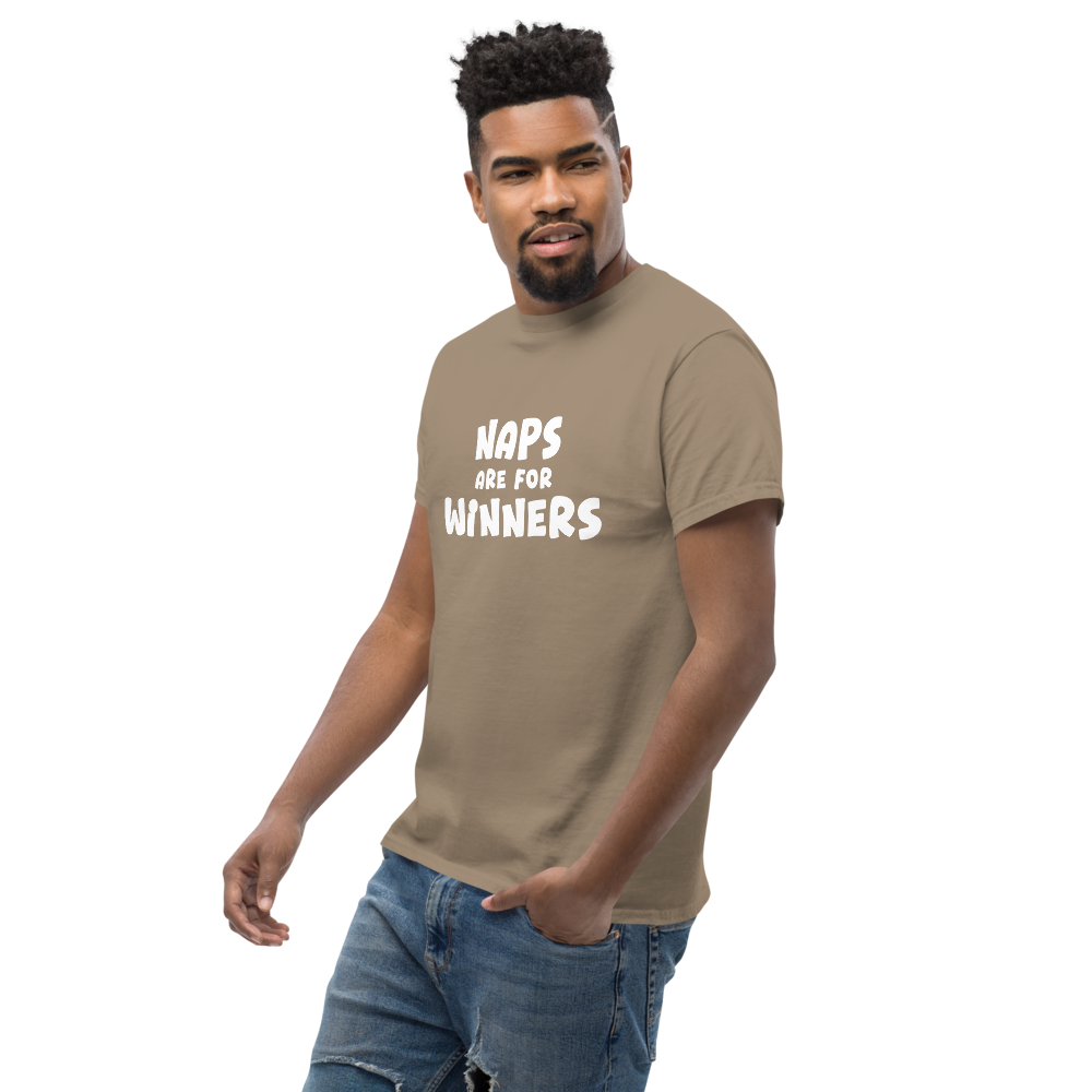 "Naps Are For Winners" printed on a brown savana unisex classic tee worn by a male