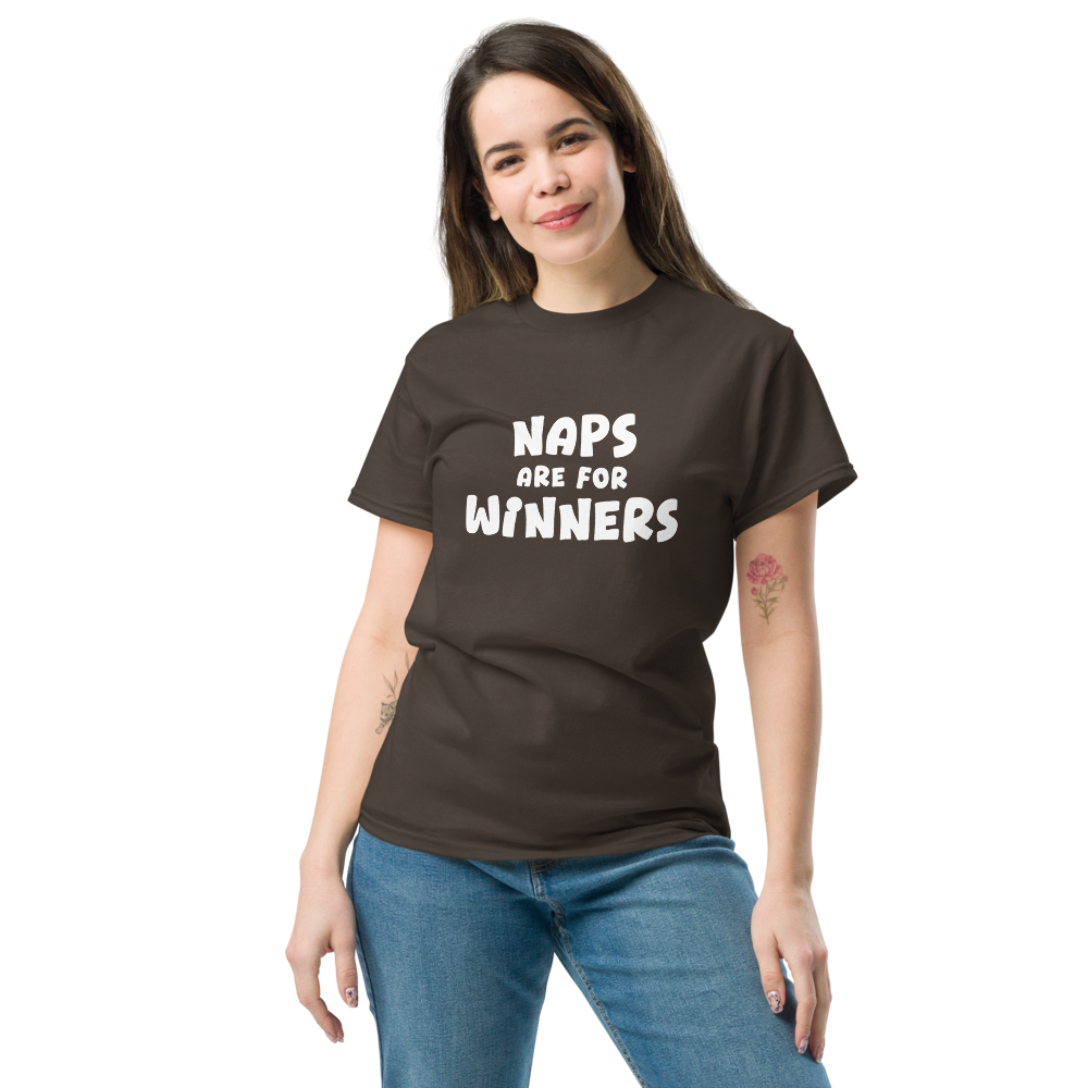 "Naps Are For Winners" printed on a dark chocolate unisex classic tee worn by a female