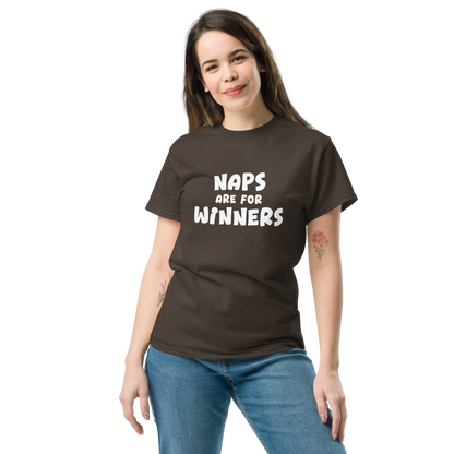 "Naps Are For Winners" printed on a dark chocolate unisex classic tee worn by a female