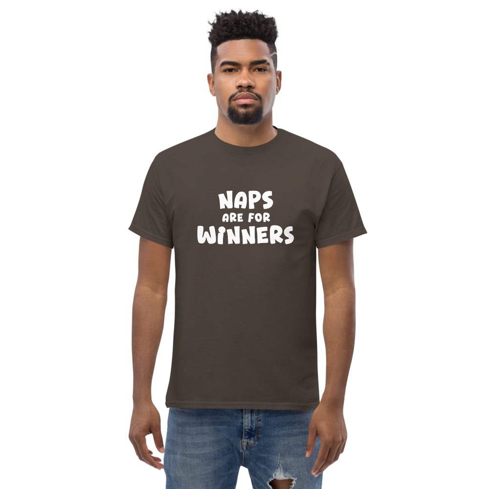 "Naps Are For Winners" printed on a dark chocolate unisex classic tee worn by a male