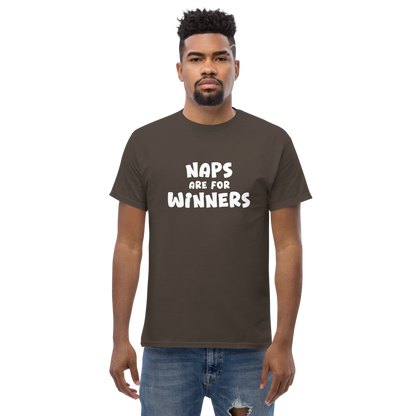 "Naps Are For Winners" printed on a dark chocolate unisex classic tee worn by a male
