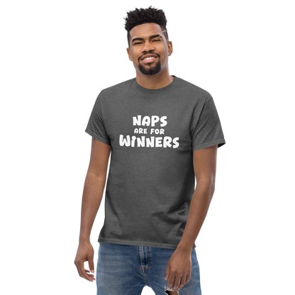 "Naps Are For Winners" printed on a dark heather unisex classic tee worn by a male