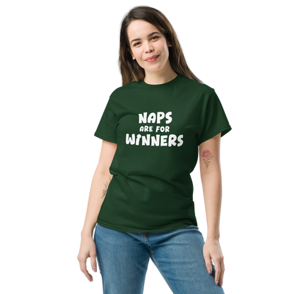 "Naps Are For Winners" printed on a forest green unisex classic tee worn by a female
