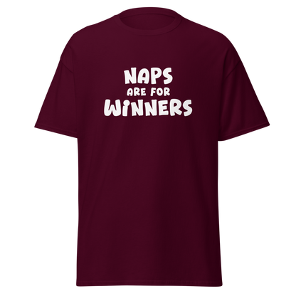 "Naps Are For Winners" printed on a maroon on an invisible body