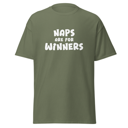 "Naps Are For Winners" printed on a military green on an invisible body