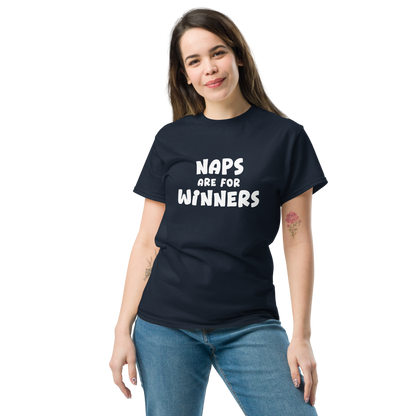 "Naps Are For Winners" printed on a navy unisex classic tee worn by a female