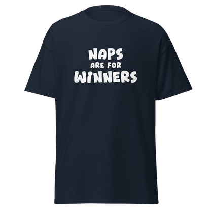 "Naps Are For Winners" printed on a navy on an invisible body