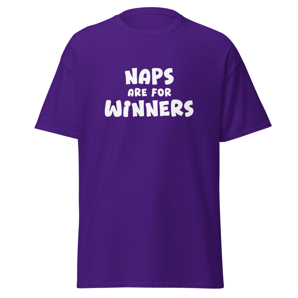 "Naps Are For Winners" printed on a purple on an invisible body