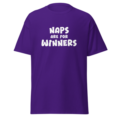 "Naps Are For Winners" printed on a purple on an invisible body