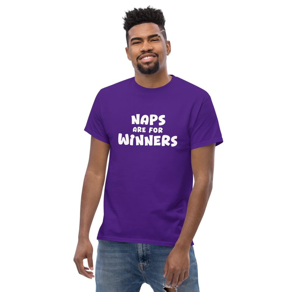 "Naps Are For Winners" printed on a purple unisex classic tee worn by a male