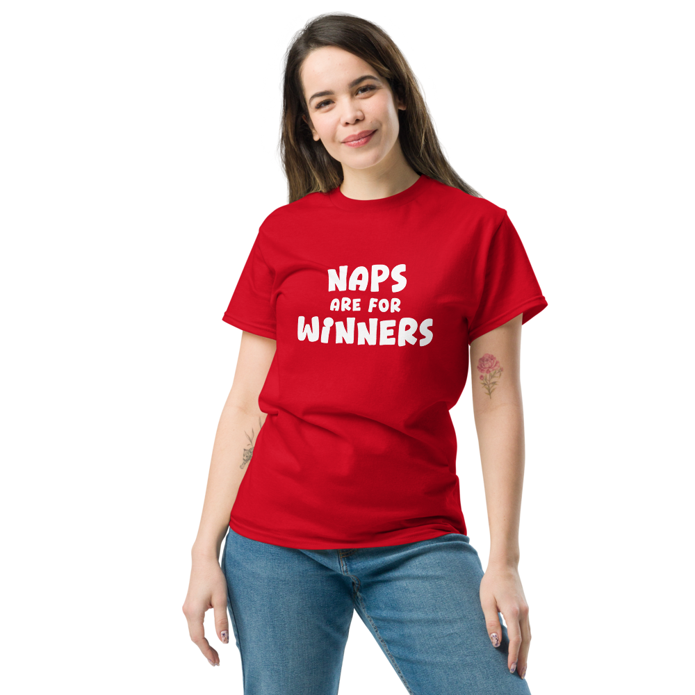 "Naps Are For Winners" printed on a red unisex classic tee worn by a female