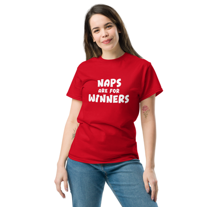 "Naps Are For Winners" printed on a red unisex classic tee worn by a female