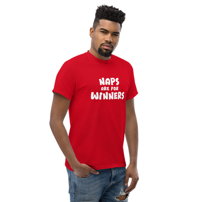 "Naps Are For Winners" printed on a red unisex classic tee worn by a male