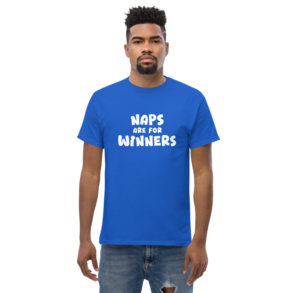 "Naps Are For Winners" printed on a royal unisex classic tee worn by a male