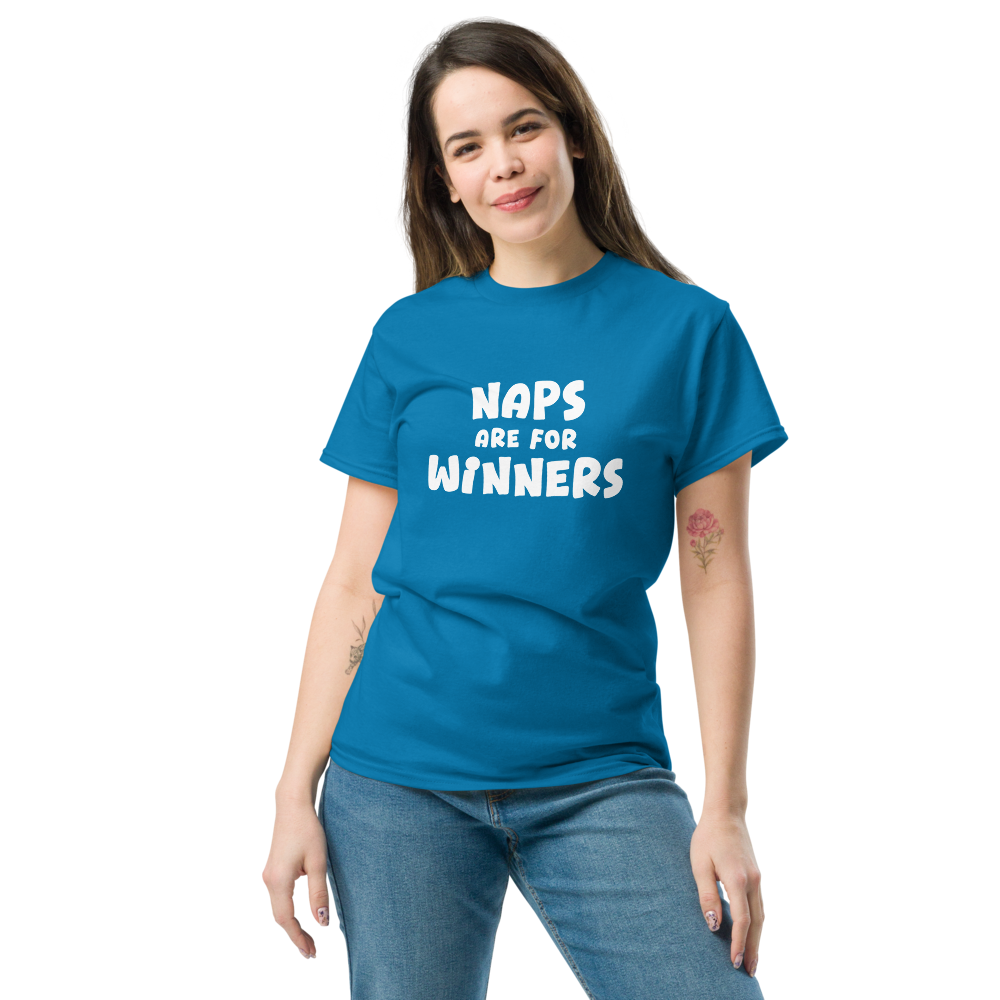 "Naps Are For Winners" printed on a sapphire unisex classic tee worn by a female