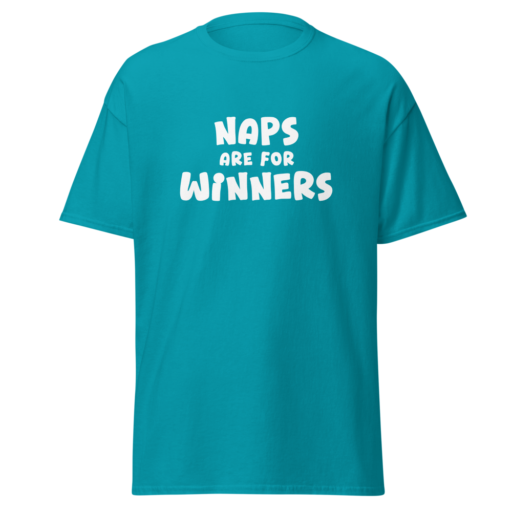"Naps Are For Winners" printed on a tropical blue on an invisible body