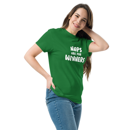"Naps Are For Winners" printed on a turf green unisex classic tee worn by a female