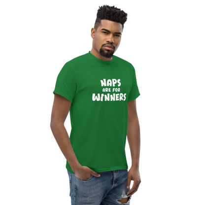 "Naps Are For Winners" printed on a turf green unisex classic tee worn by a male