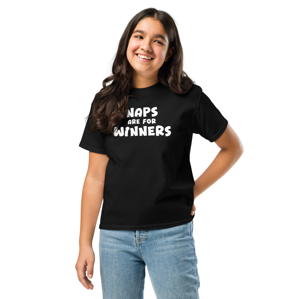 "Naps Are For Winners" printed on a black youth classic tee worn by a female