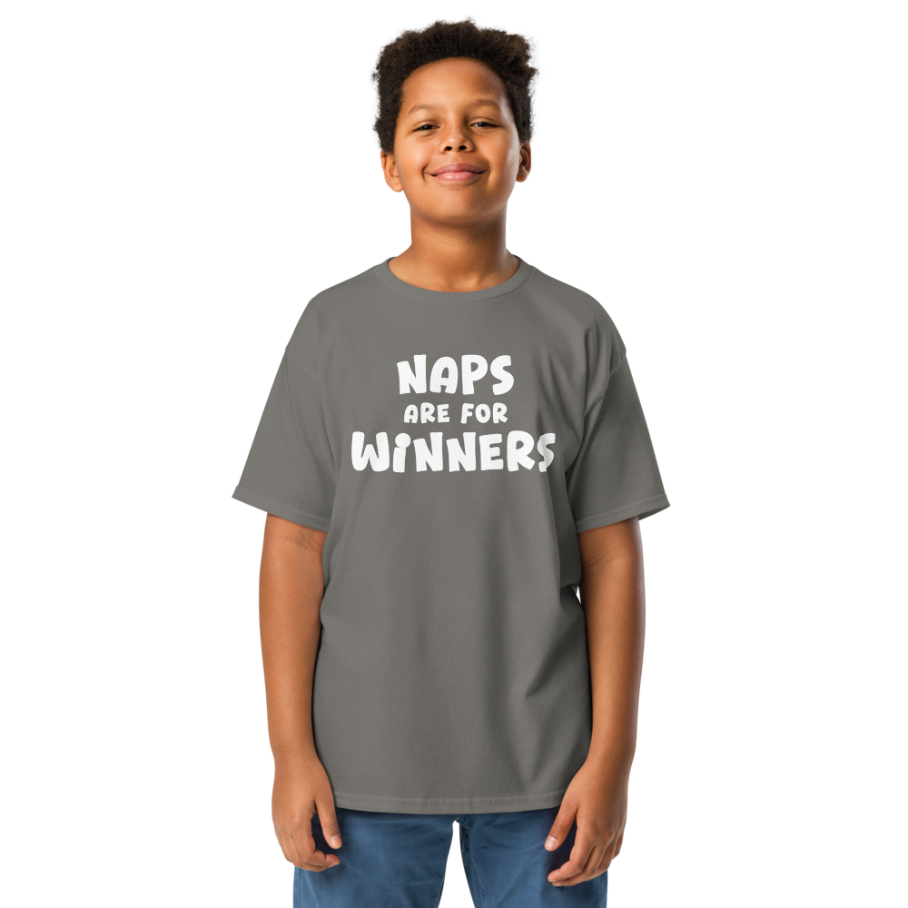 "Naps Are For Winners" printed on a charcoal youth classic tee worn by a male