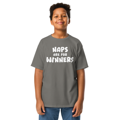 "Naps Are For Winners" printed on a charcoal youth classic tee worn by a male