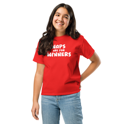 "Naps Are For Winners" printed on a red youth classic tee worn by a female