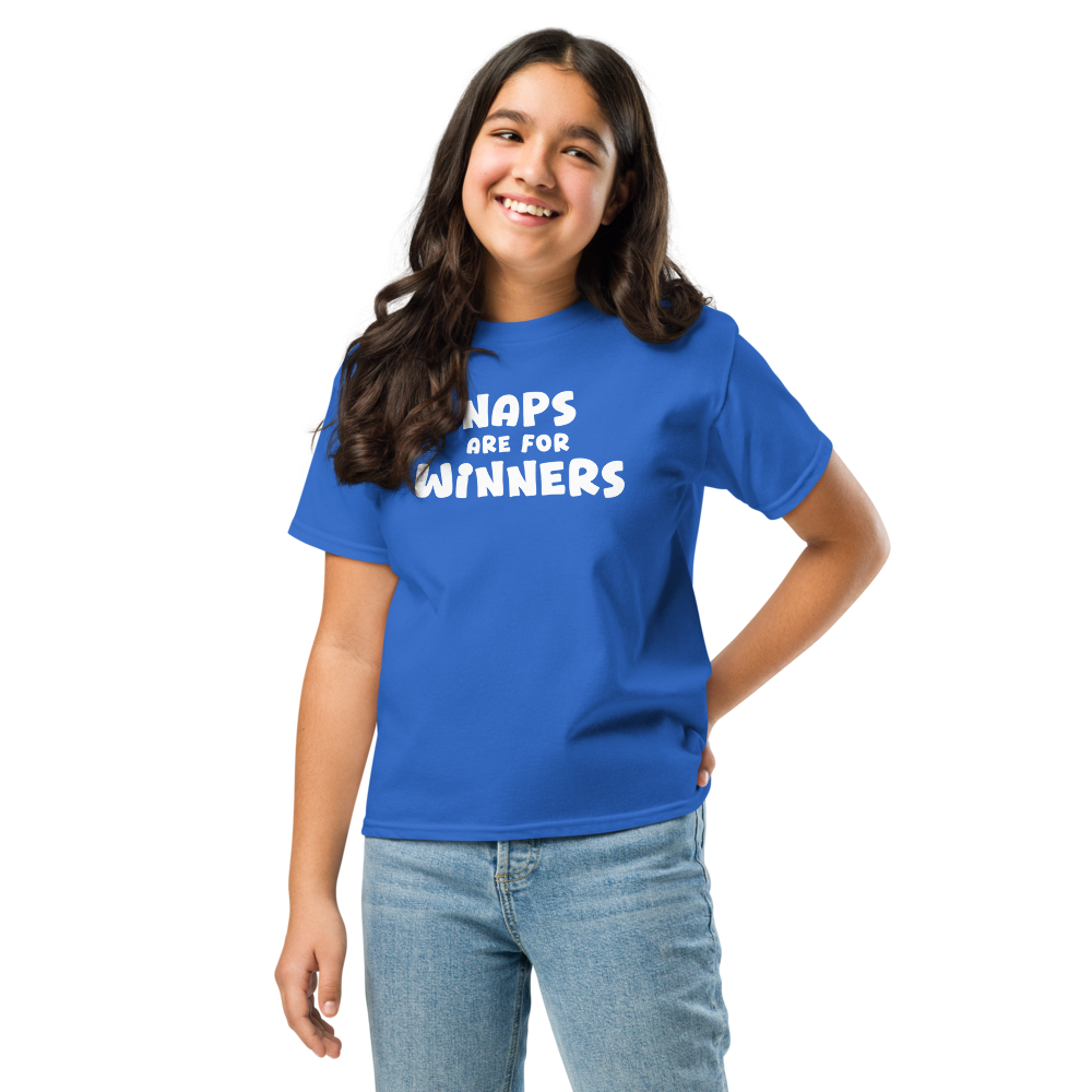 "Naps Are For Winners" printed on a royal youth classic tee worn by a female
