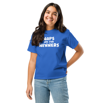"Naps Are For Winners" printed on a royal youth classic tee worn by a female