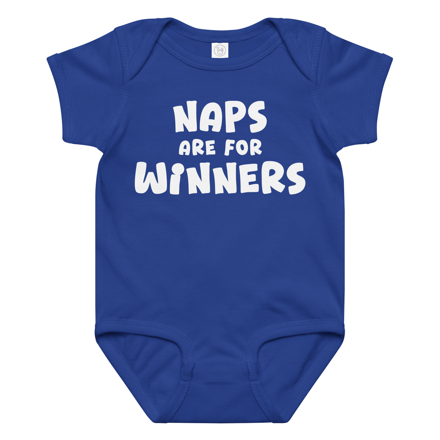 "Naps Are For Winners" printed on a royal baby jersey bodysuit laying on a flat surface amongst other clothes