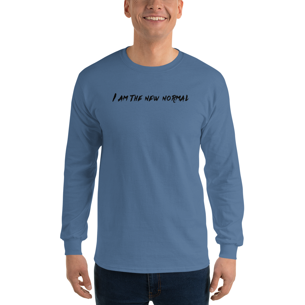 "I am the new normal" printed on a indigo blue men's long sleeve shirt worn by a male