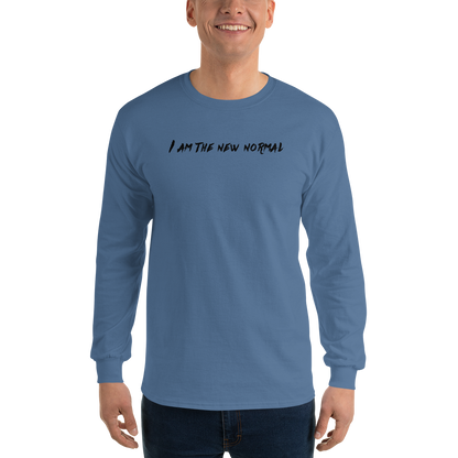 "I am the new normal" printed on a indigo blue men's long sleeve shirt worn by a male