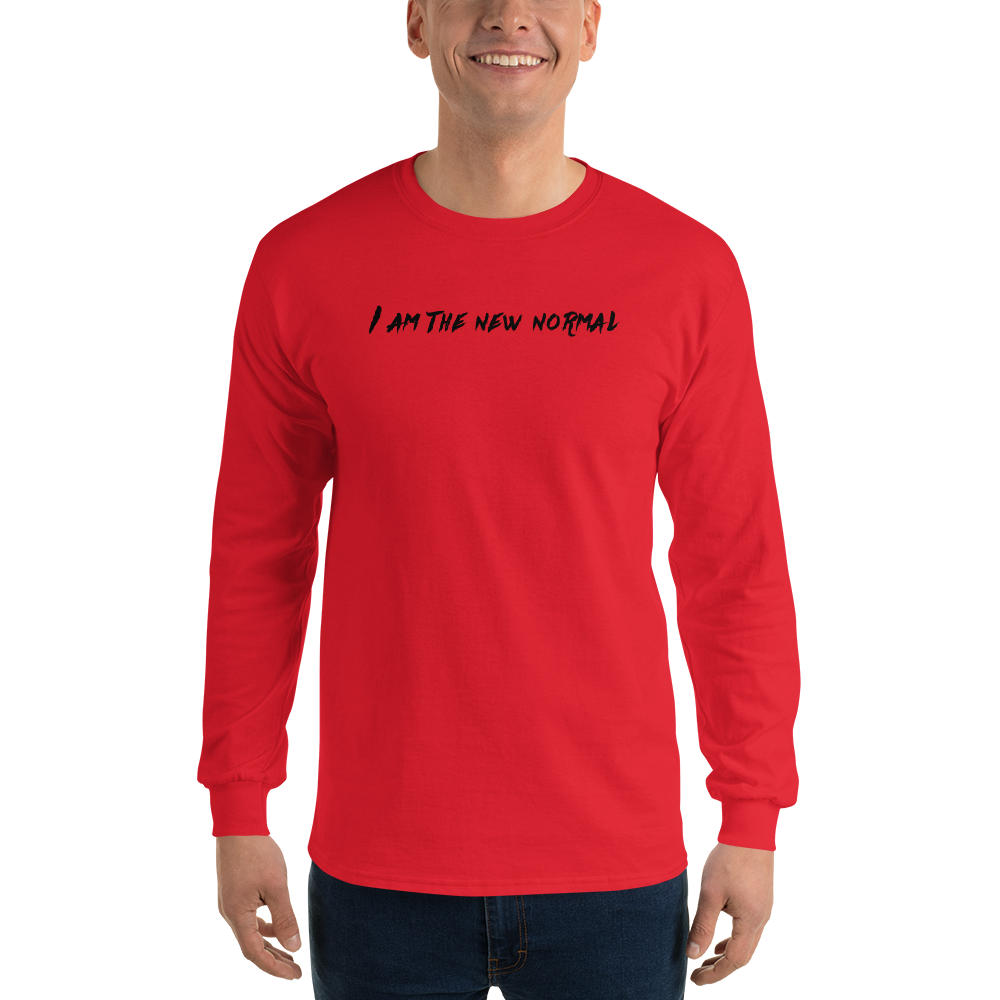 "I am the new normal" printed on a red men's long sleeve shirt worn by a male