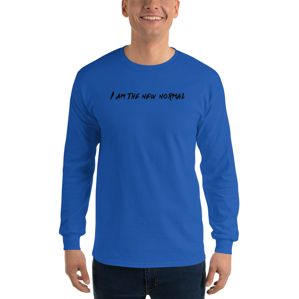 "I am the new normal" printed on a royal men's long sleeve shirt worn by a male
